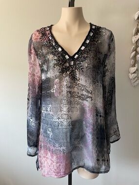 Raviya Boho Beaded Embellished Sheer Top Damask Geomentric Paisley Size Medium